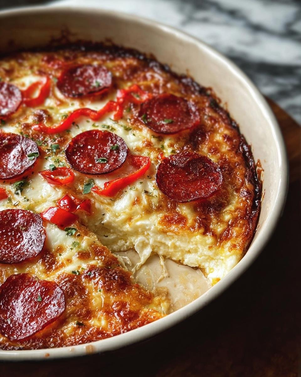 A golden-brown Pizza-Style Cottage Cheese Bake topped with pepperoni slices and red peppers, with a slice removed.