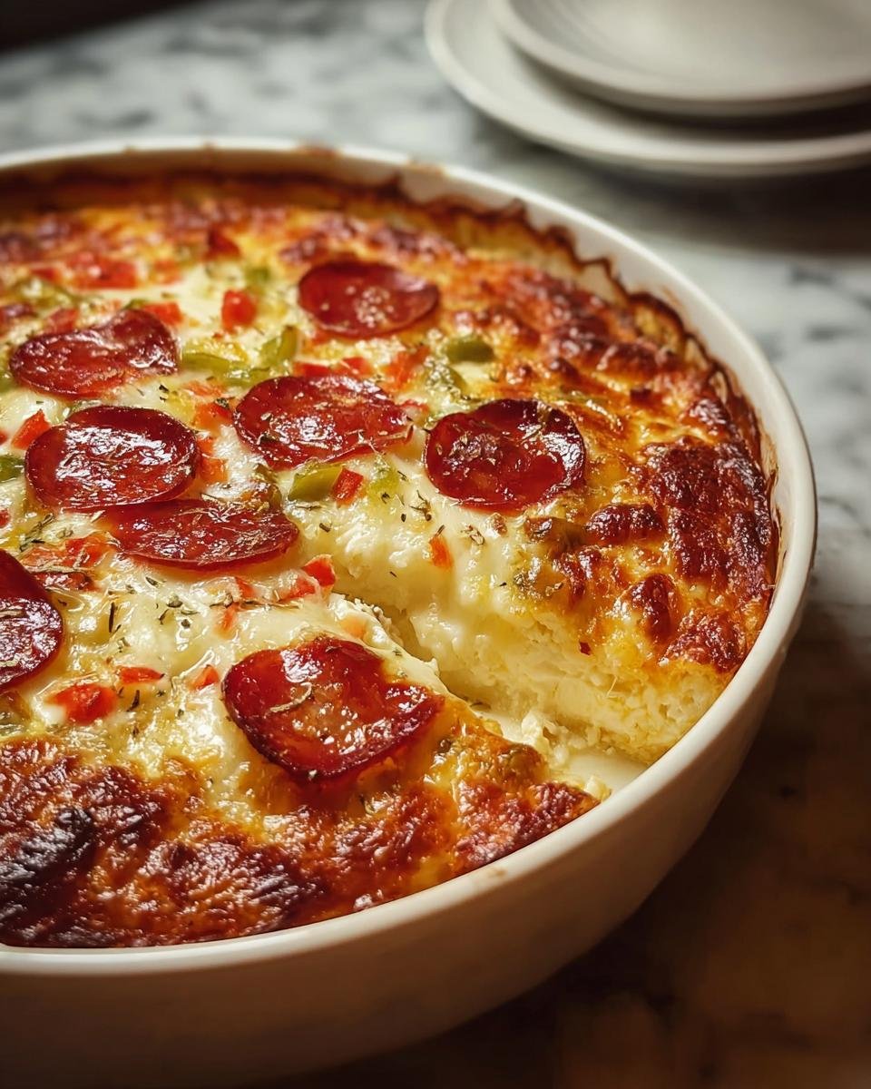 A golden-brown Pizza-Style Cottage Cheese Bake topped with pepperoni, peppers, and melted cheese.