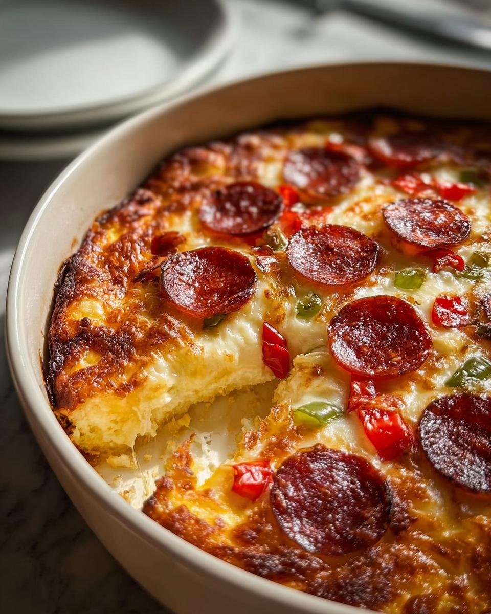 A slice taken out of a golden-brown Pizza-Style Cottage Cheese Bake topped with pepperoni, peppers, and melted cheese.