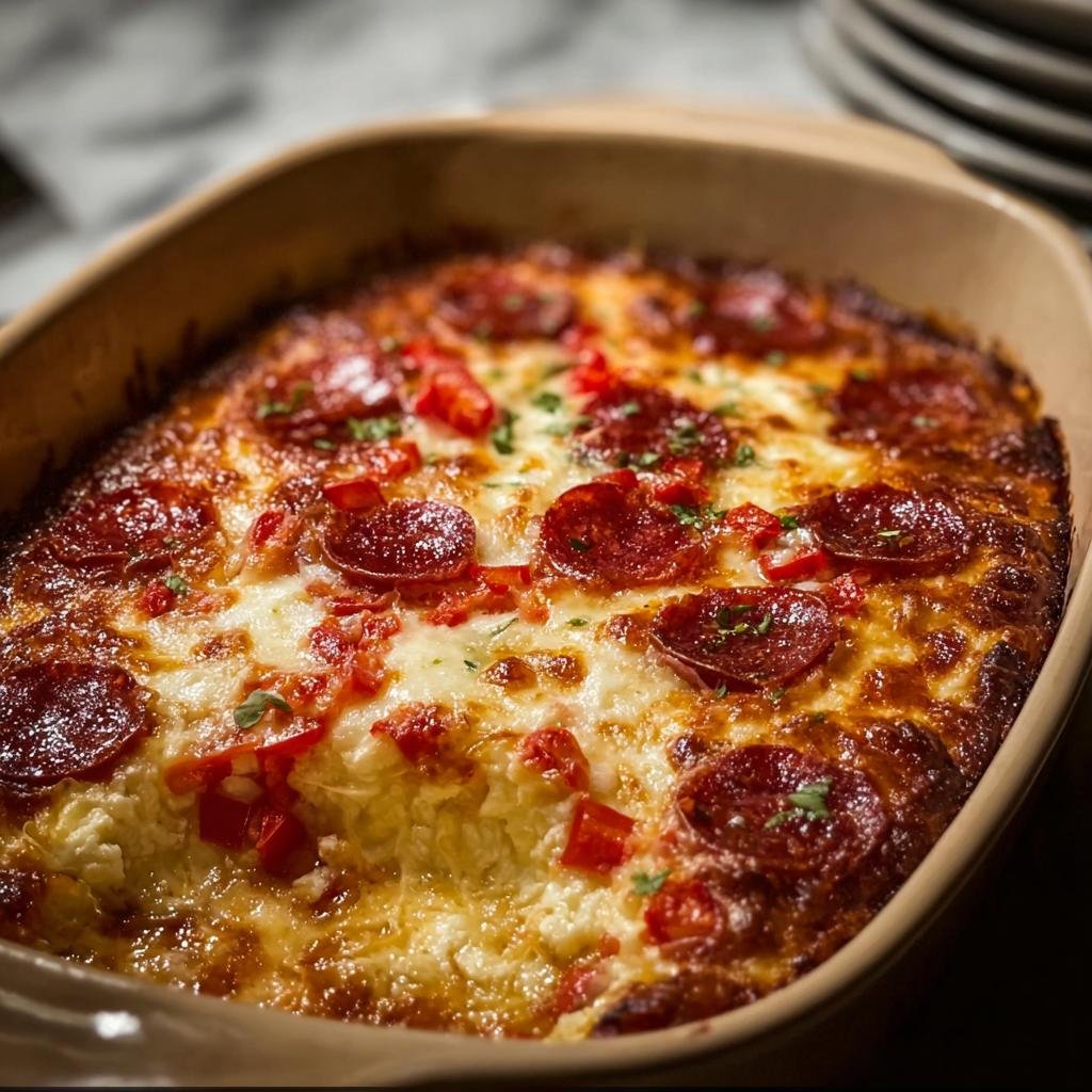 Golden brown Pizza-Style Cottage Cheese Bake topped with melted cheese, pepperoni slices, and diced red peppers.