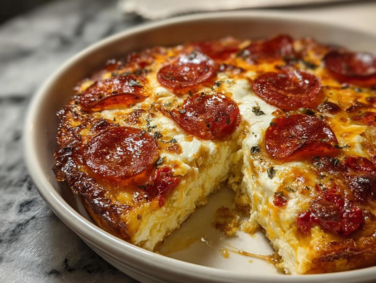 A slice taken out of a baked Pizza-Style Cottage Cheese Bake, showing the fluffy cottage cheese base and pepperoni topping.