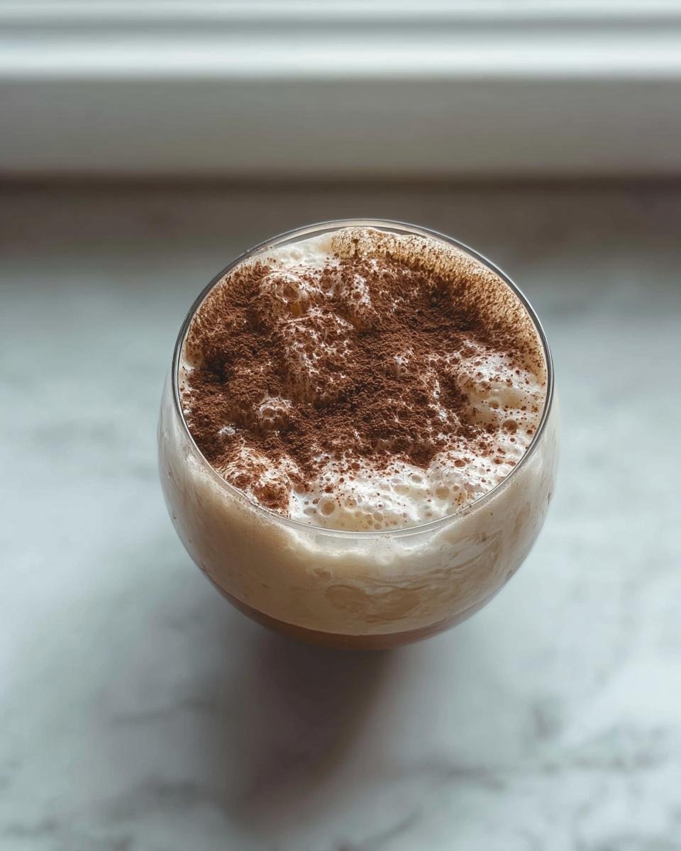 A glass of frothy protein coffee jelly topped with cocoa powder.