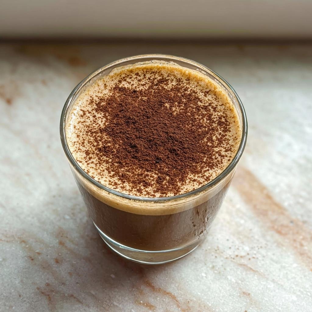A close-up of a glass filled with protein coffee jelly, topped with cocoa powder.