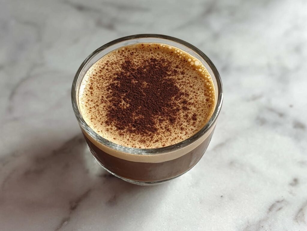 A refreshing glass of 15g Protein Coffee Jelly topped with cocoa powder and foam.