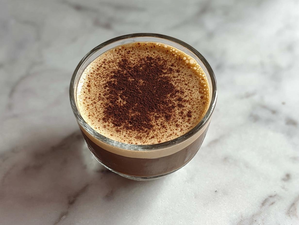 A refreshing glass of 15g Protein Coffee Jelly topped with cocoa powder and foam.