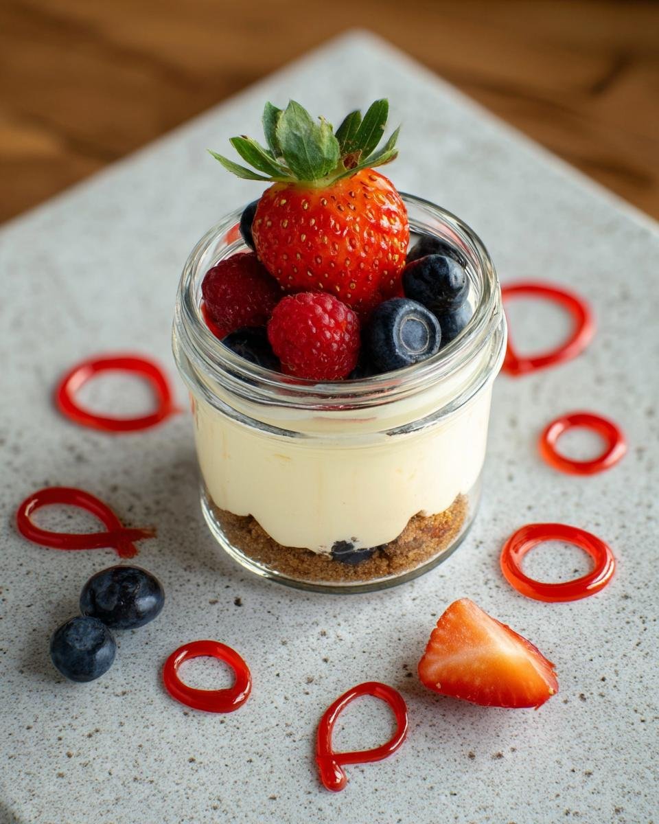 A delicious Protein Cottage Cheesecake Jar topped with fresh berries and a strawberry slice.