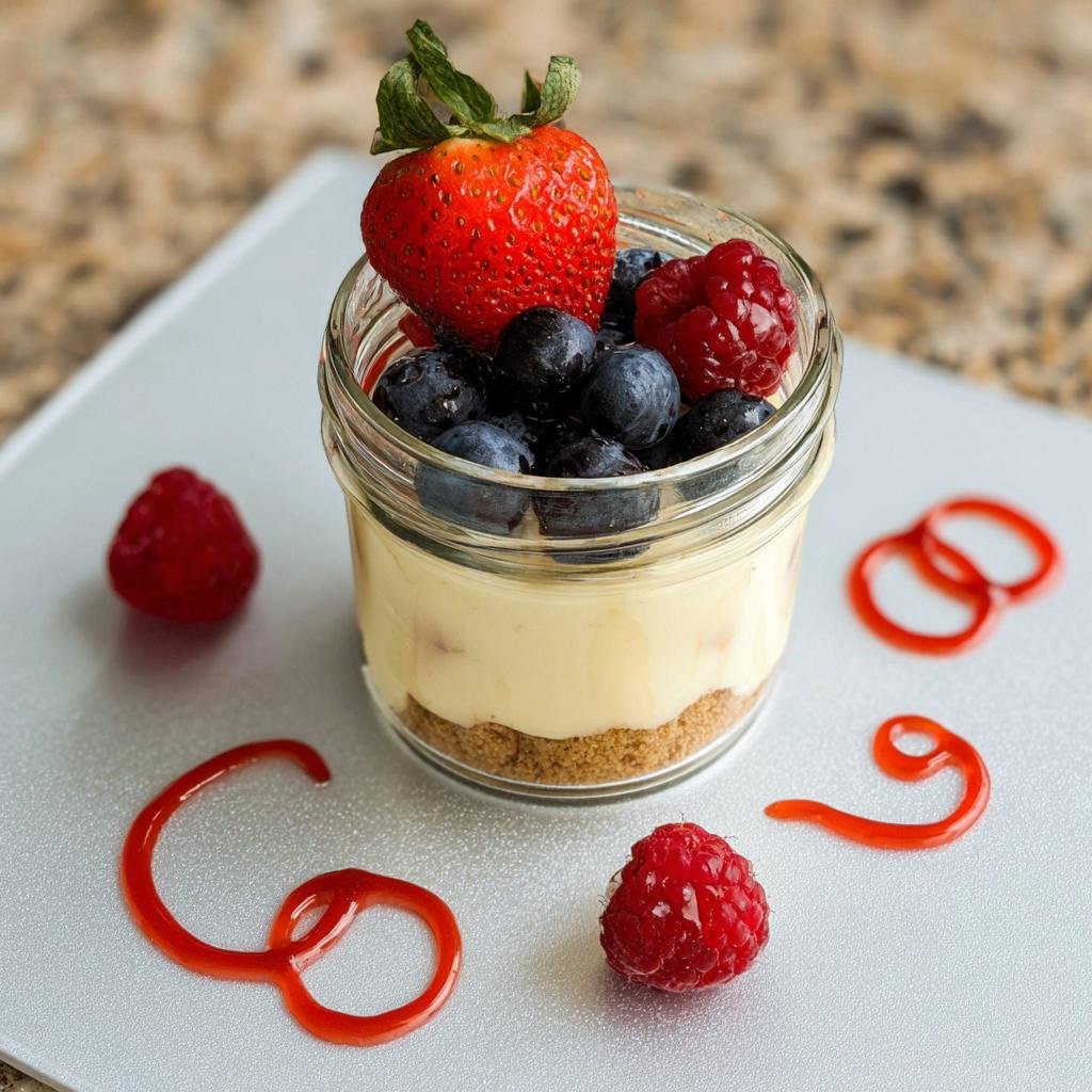 A single serving of Protein Cottage Cheesecake Jars topped with fresh strawberries, blueberries, and raspberries.