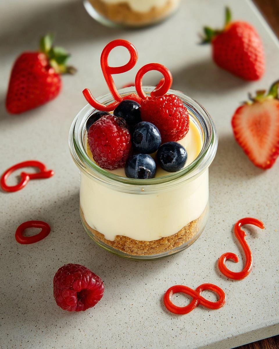 A single serving of Protein Cottage Cheesecake Jars topped with fresh berries and a red swirl decoration.