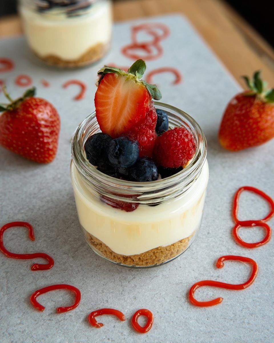 Close-up of a Protein Cottage Cheesecake Jar topped with fresh strawberries, blueberries, and raspberries.