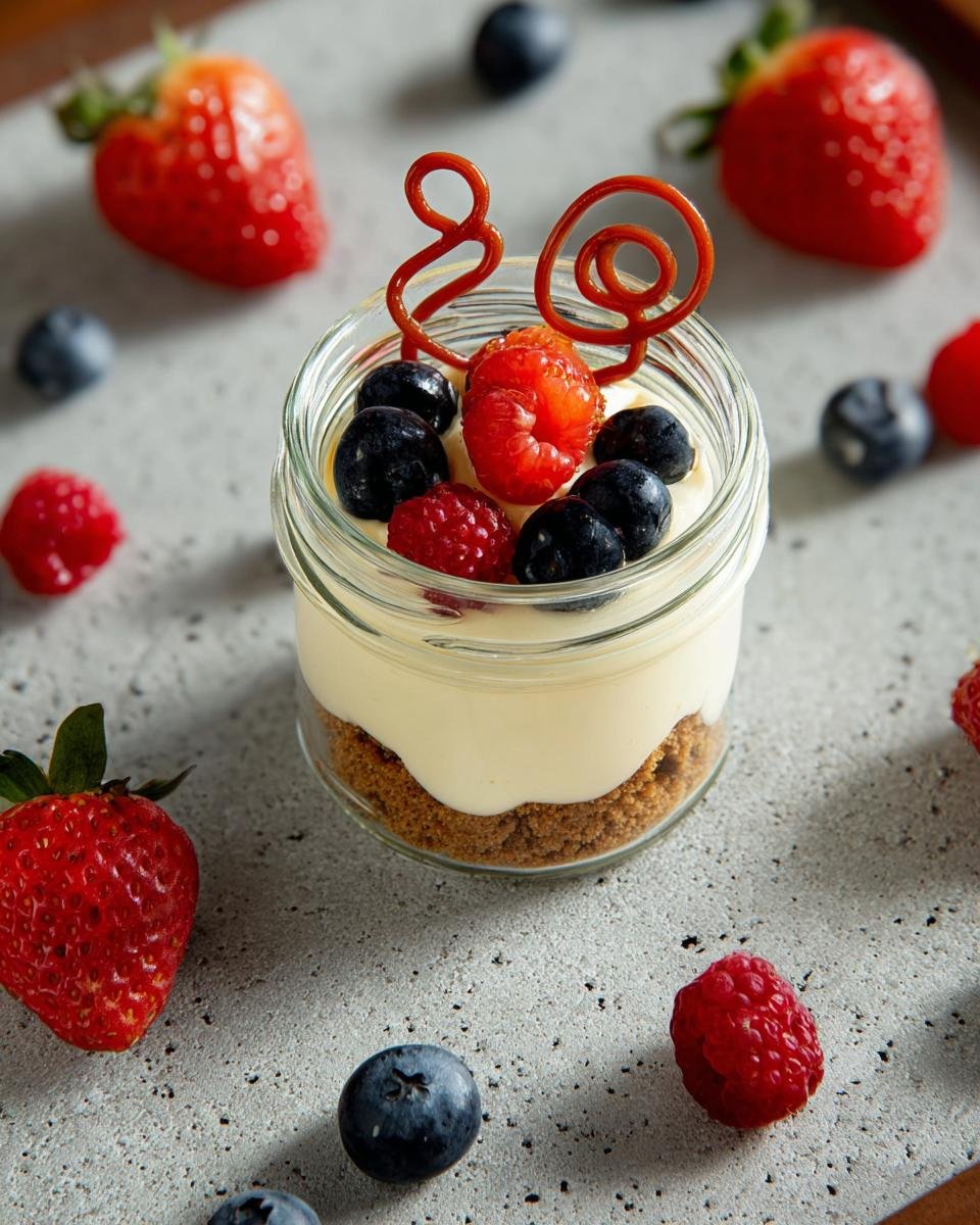 A single serving of Protein Cottage Cheesecake Jars topped with fresh berries and a caramel swirl.