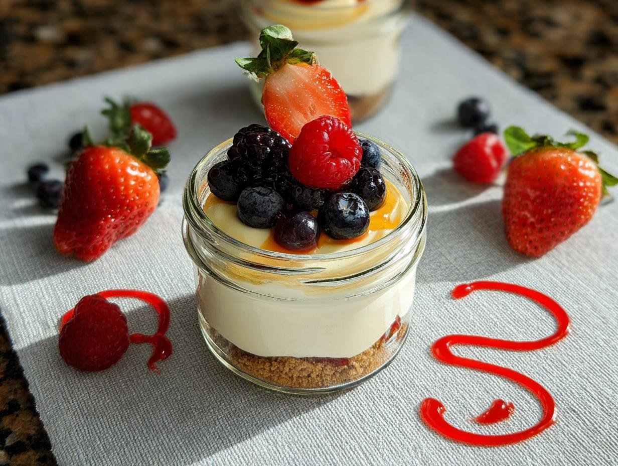 Close-up of a Protein Cottage Cheesecake Jar topped with fresh berries and a drizzle of sauce, surrounded by strawberries and blueberries.