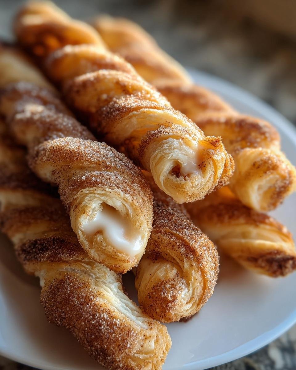 Close-up of golden brown, flaky Cinnamon Twists coated in cinnamon sugar, with a creamy filling visible in some.