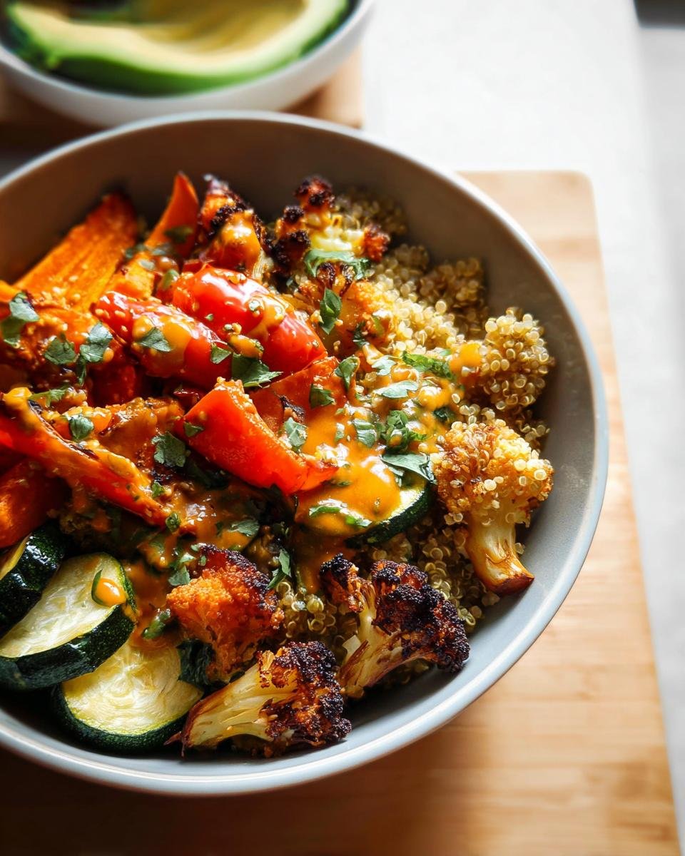 A vibrant Quinoa & Roasted Veggie Bowl filled with colorful roasted vegetables like sweet potato, zucchini, cauliflower, and bell peppers, drizzled with a creamy sauce.