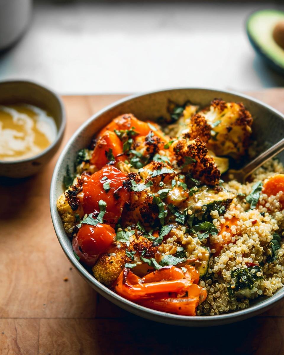 A vibrant Quinoa & Roasted Veggie Bowl filled with cauliflower, tomatoes, bell peppers, and quinoa, garnished with herbs.