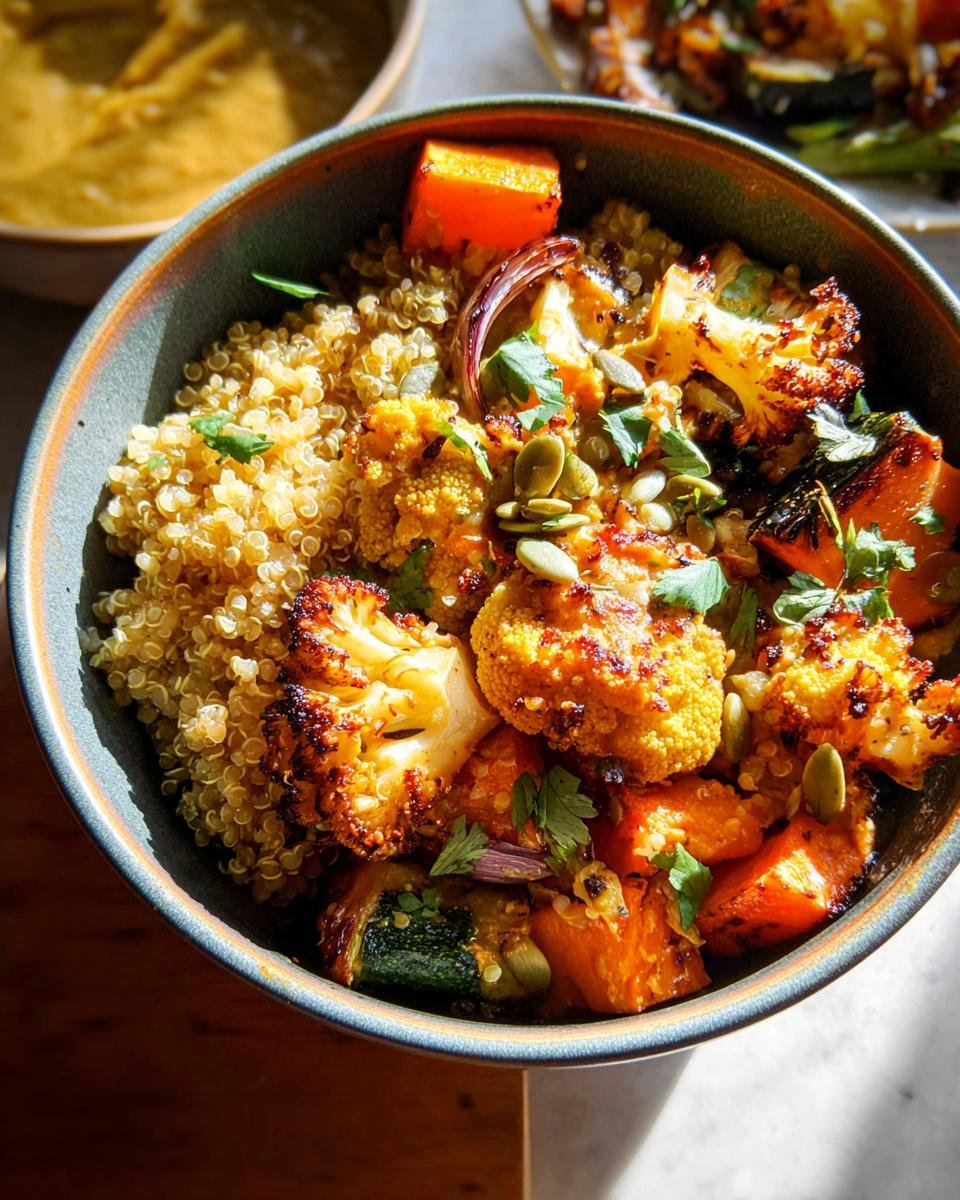 A vibrant Quinoa & Roasted Veggie Bowl filled with colorful roasted vegetables like cauliflower, pumpkin, and zucchini, topped with seeds and herbs.