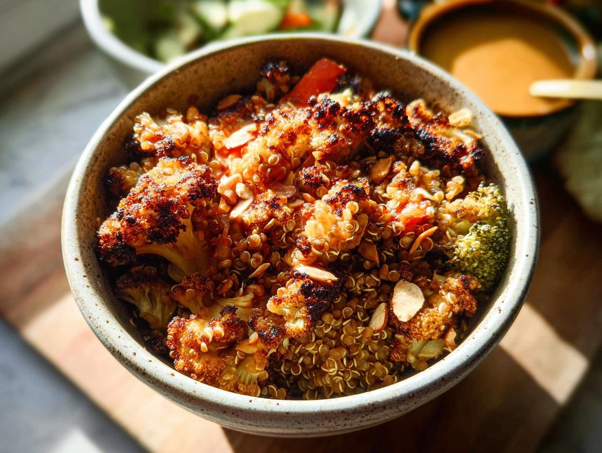 A close-up of a Quinoa & Roasted Veggie Bowl featuring roasted cauliflower, broccoli, and quinoa topped with slivered almonds.