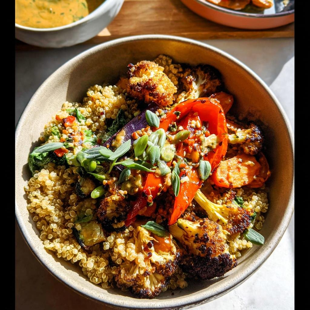 A vibrant Quinoa & Roasted Veggie Bowl filled with colorful roasted vegetables like cauliflower, bell peppers, and carrots, topped with fresh herbs.