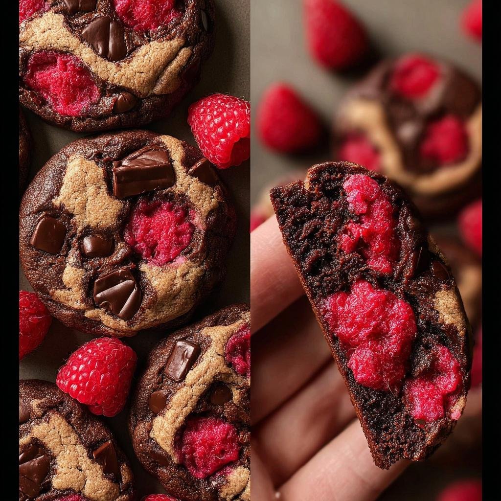 A close-up of rich Raspberry Dark Chocolate Cookies, showcasing chunks of dark chocolate and vibrant raspberries.