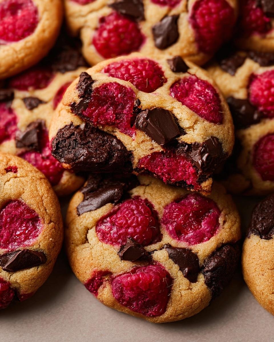 A close-up shot of several delicious Raspberry Dark Chocolate Cookies, with one cookie broken in half to reveal the raspberry and chocolate chunks inside.