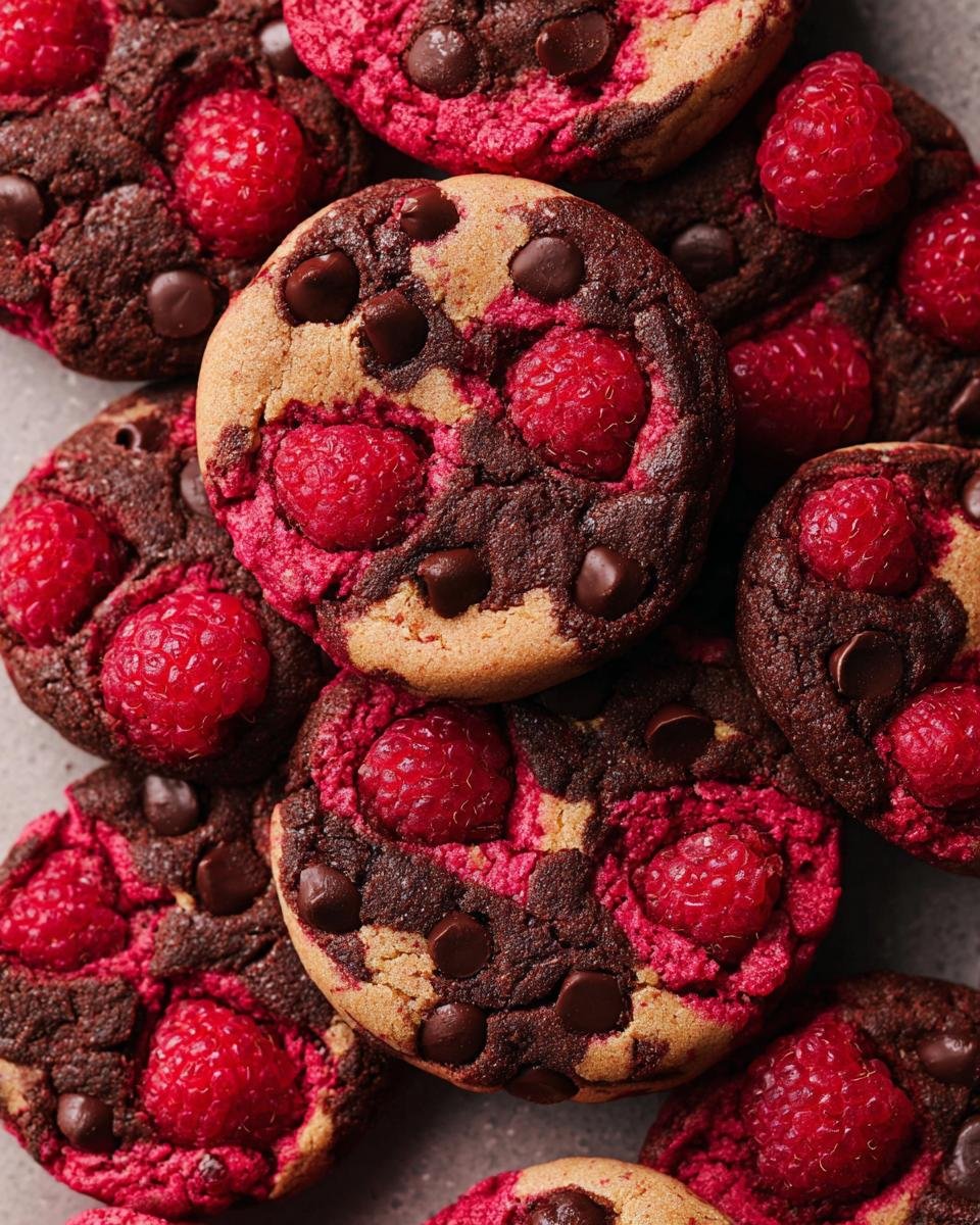 A close-up overhead view of several delicious Raspberry Dark Chocolate Cookies, showcasing fresh raspberries and dark chocolate chips.