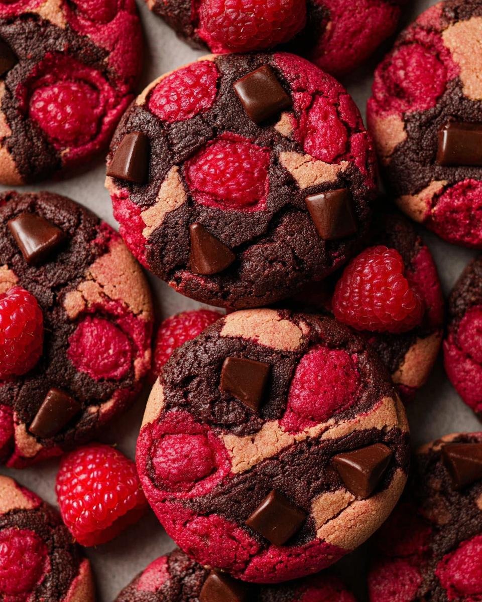 Close-up of delicious Raspberry Dark Chocolate Cookies studded with fresh raspberries and dark chocolate chunks.