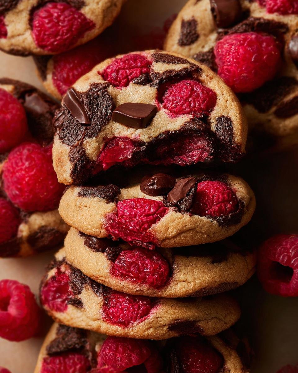 A close-up stack of delicious Raspberry Dark Chocolate Cookies, with fresh raspberries and chocolate chunks visible.