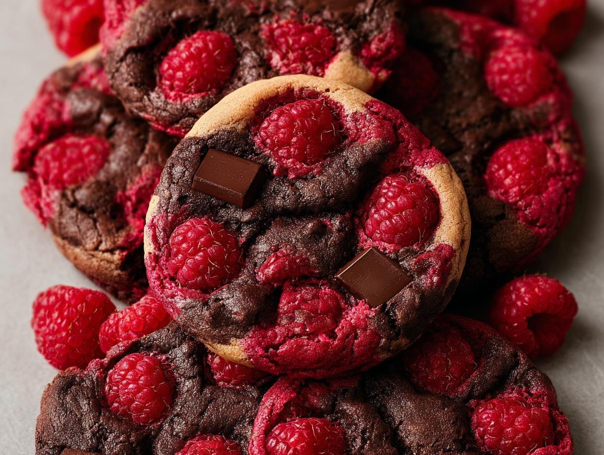 Close-up of decadent Raspberry Dark Chocolate Cookies, studded with fresh raspberries and dark chocolate chunks.