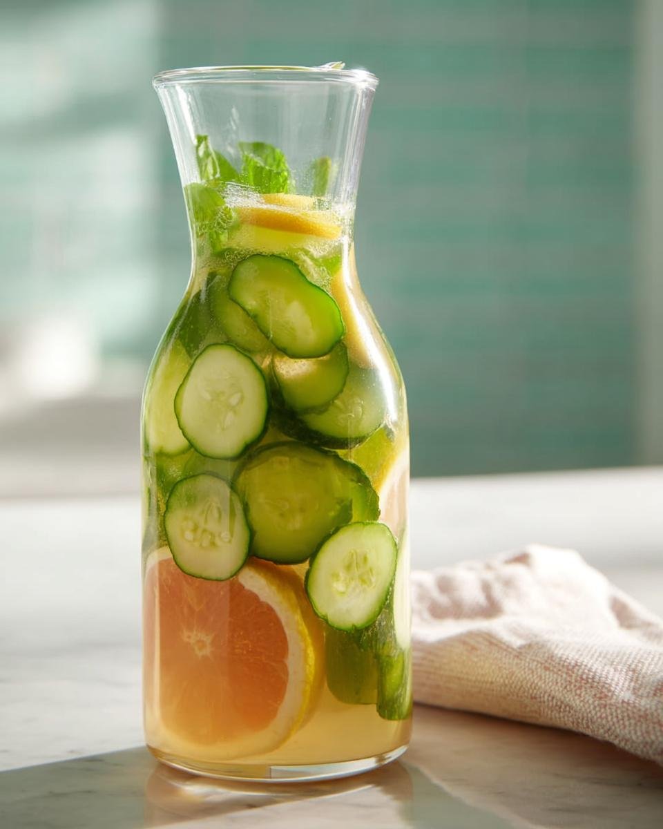 A glass pitcher filled with Refreshing Cucumber Detox Water, featuring slices of cucumber, lemon, and grapefruit.