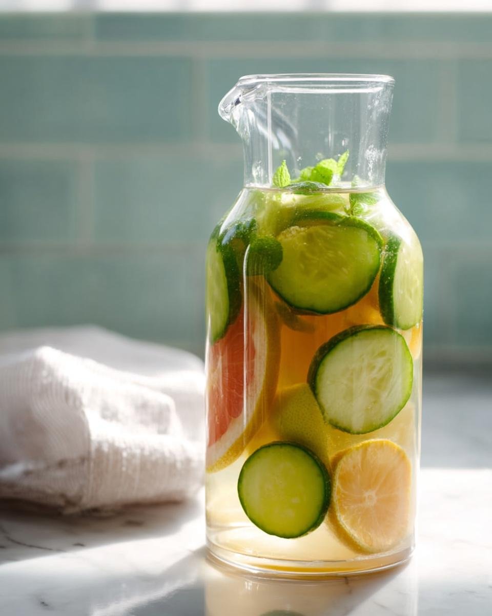 A glass pitcher filled with Refreshing Cucumber Detox Water, featuring slices of cucumber, grapefruit, and lemon, with mint leaves.
