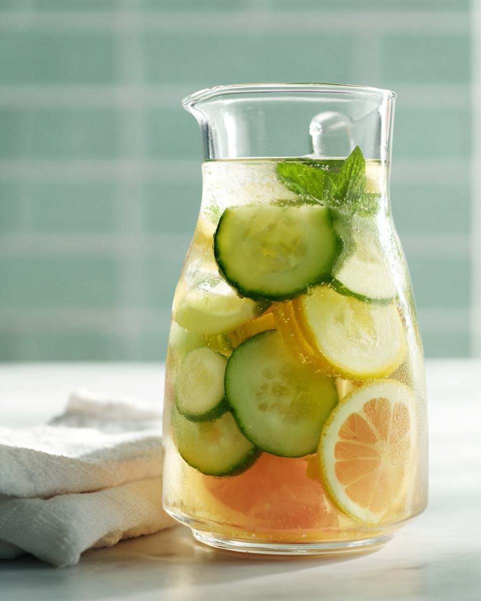 A glass pitcher filled with Refreshing Cucumber Detox Water, featuring slices of cucumber, lemon, and mint.