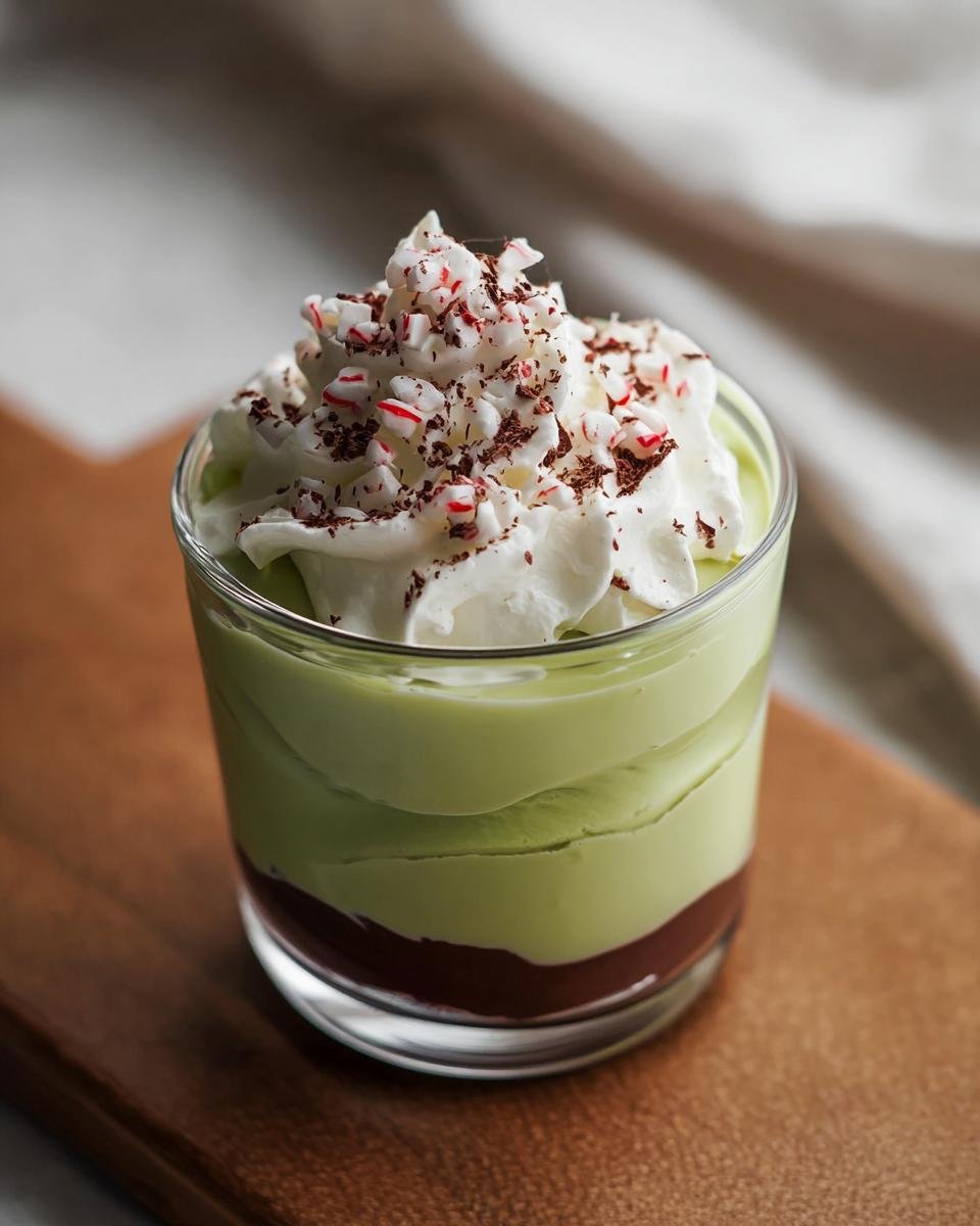 A glass of Shamrock Shake Pudding Cups layered with chocolate and topped with whipped cream, crushed candy canes, and chocolate shavings.