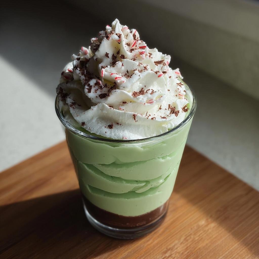 A layered Shamrock Shake Pudding Cup with chocolate base, green pudding, and whipped cream topped with crushed candy cane and chocolate shavings.
