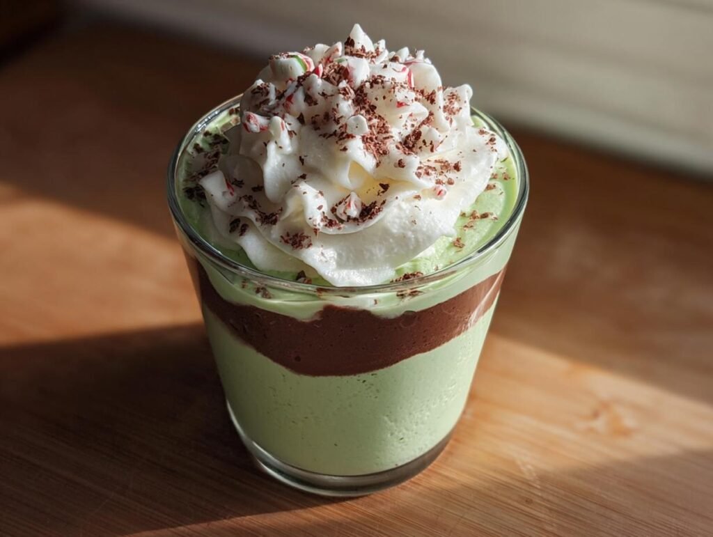 A layered Shamrock Shake Pudding Cups dessert in a glass, topped with whipped cream, chocolate shavings, and crushed candy cane.