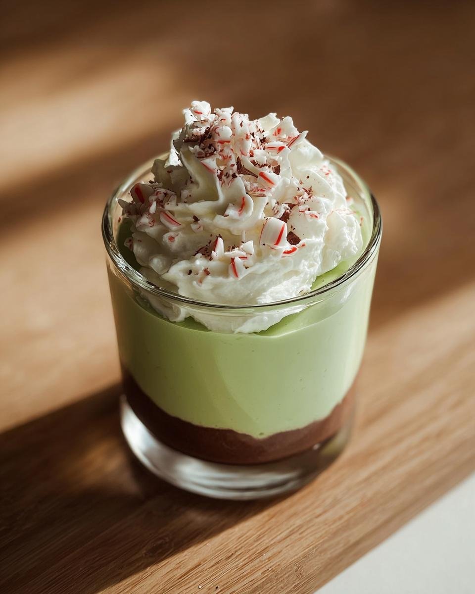 A layered Shamrock Shake Pudding Cup with chocolate pudding, green mint pudding, and whipped cream topped with crushed candy canes.