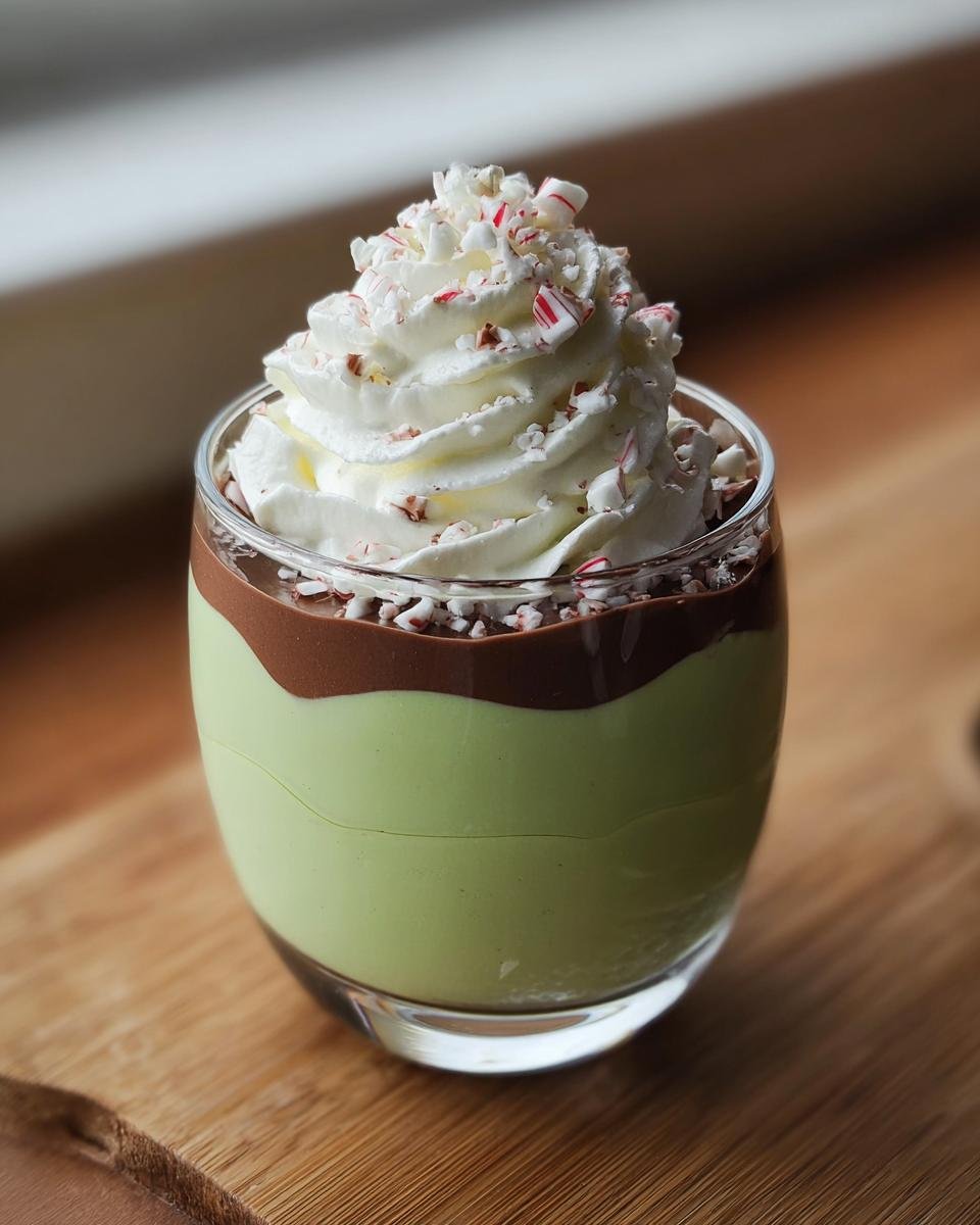 A layered Shamrock Shake Pudding Cups dessert in a glass, topped with whipped cream and crushed candy canes.