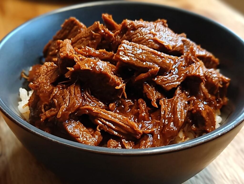 A close-up of tender, shredded Slow Cooker Korean Beef piled high over white rice in a dark bowl.