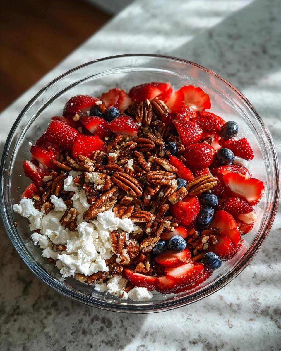 A close-up overhead view of a Strawberry Crackle Salad in a glass bowl, featuring sliced strawberries, blueberries, pecans, and crumbled feta cheese.