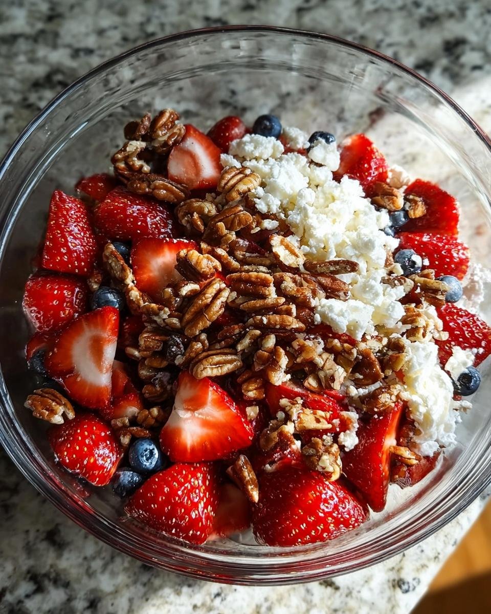 A close-up overhead view of a Strawberry Crackle Salad in a glass bowl, featuring fresh strawberries, blueberries, crumbled feta cheese, and toasted pecans.