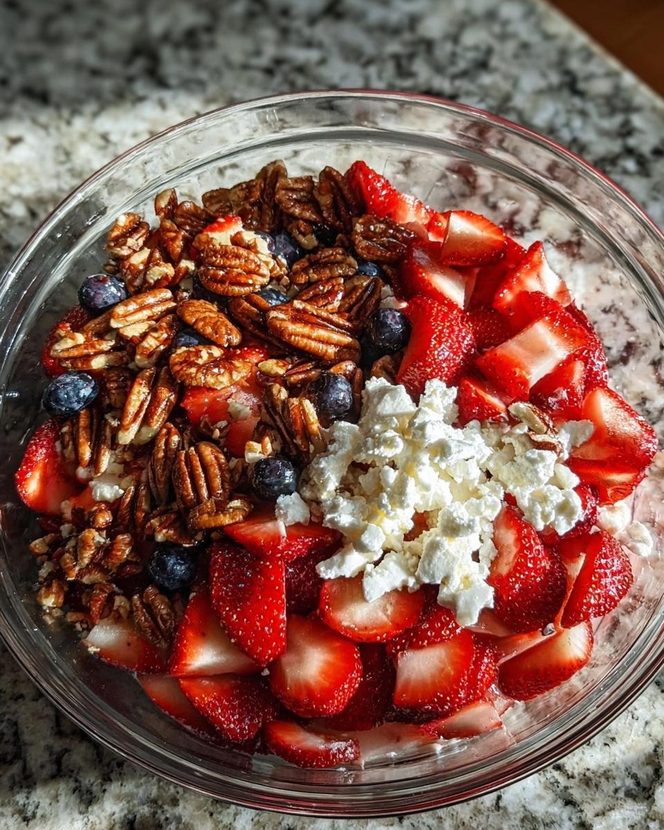 A close-up overhead view of a Strawberry Crackle Salad in a glass bowl, featuring sliced strawberries, blueberries, pecans, and crumbled cheese.