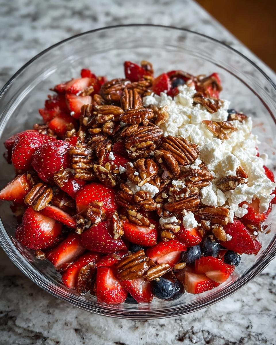 Close-up of a Strawberry Crackle Salad in a glass bowl, featuring sliced strawberries, blueberries, crumbled feta cheese, and candied pecans.