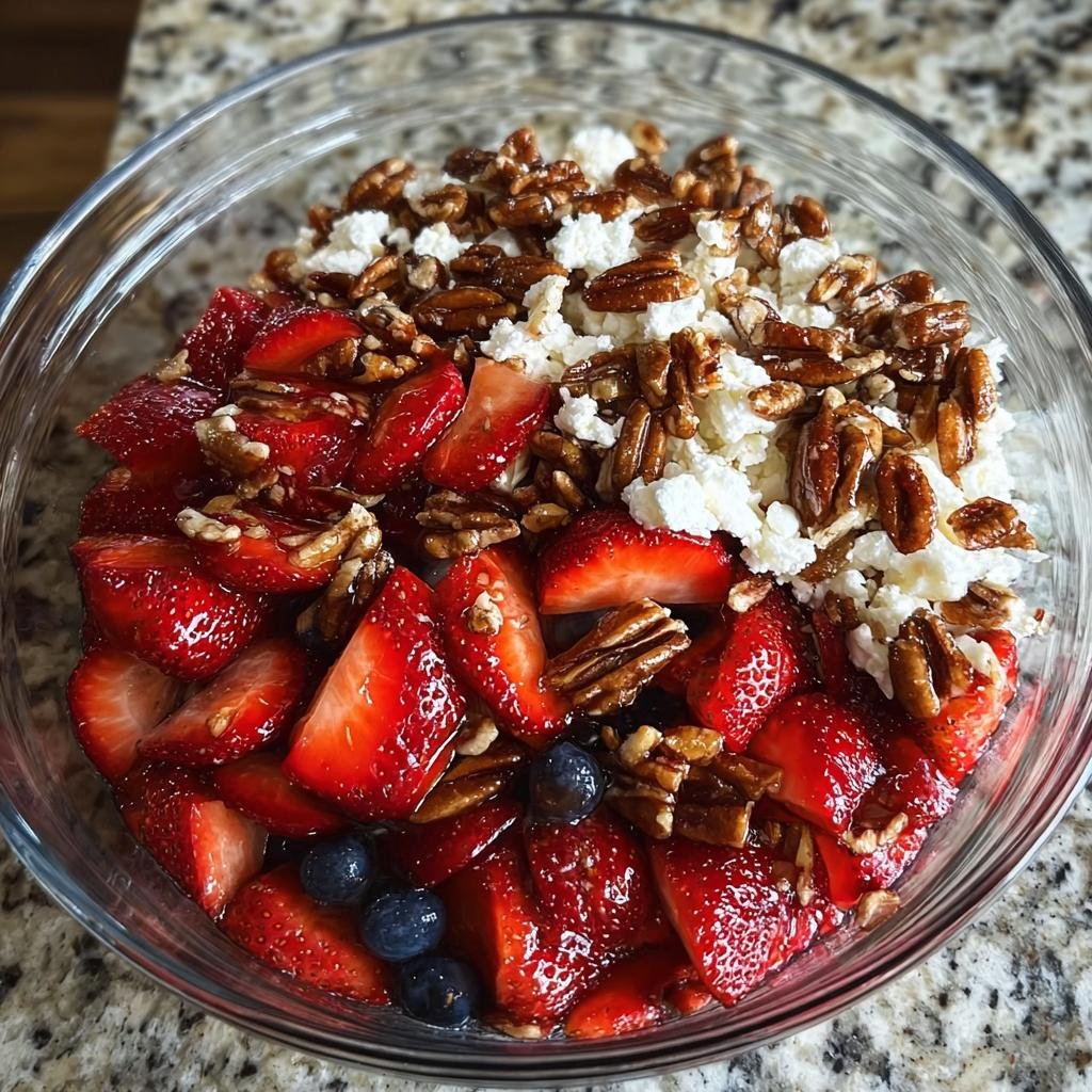 A close-up of a Strawberry Crackle Salad in a glass bowl, featuring sliced strawberries, blueberries, crumbled cheese, and candied pecans.
