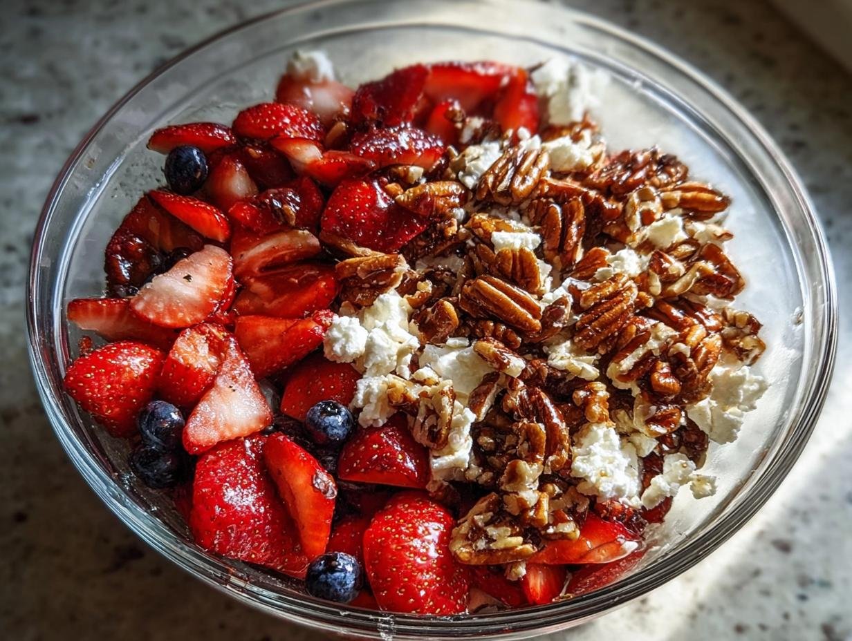 A close-up of a Strawberry Crackle Salad in a glass bowl, featuring fresh strawberries, blueberries, crumbled cheese, and toasted pecans.