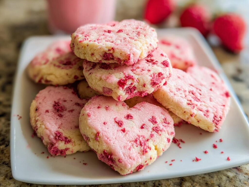 A pile of heart-shaped Strawberry Shortbread Cookies with pink frosting and freeze-dried strawberry pieces.