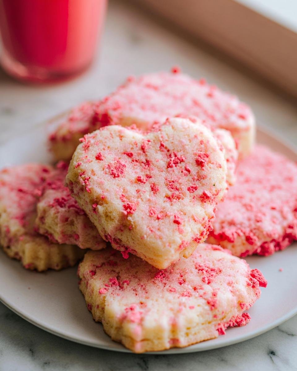 A stack of heart-shaped Strawberry Shortbread Cookies topped with pink strawberry crumbles.
