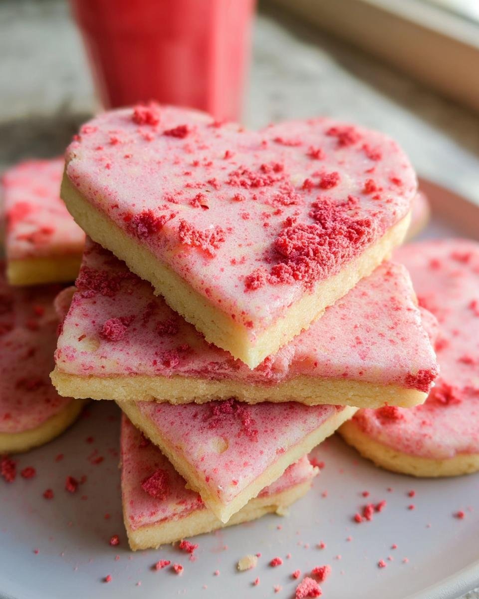A stack of heart-shaped Strawberry Shortbread Cookies, topped with pink frosting and crushed freeze-dried strawberries.