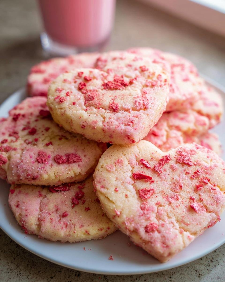 Close-up of heart-shaped strawberry shortbread cookies topped with freeze-dried strawberry pieces.