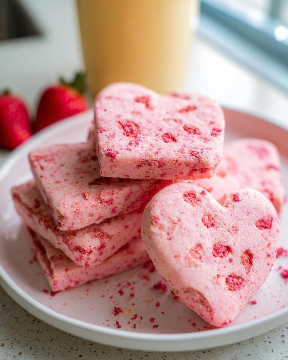 A stack of pink heart-shaped Strawberry Shortbread Cookies with freeze-dried strawberry pieces.