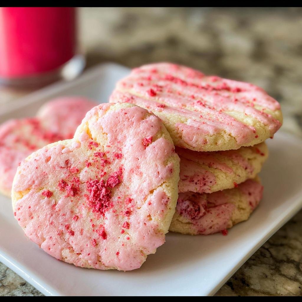 A stack of heart-shaped Strawberry Shortbread Cookies, topped with pink icing and crushed freeze-dried strawberries.