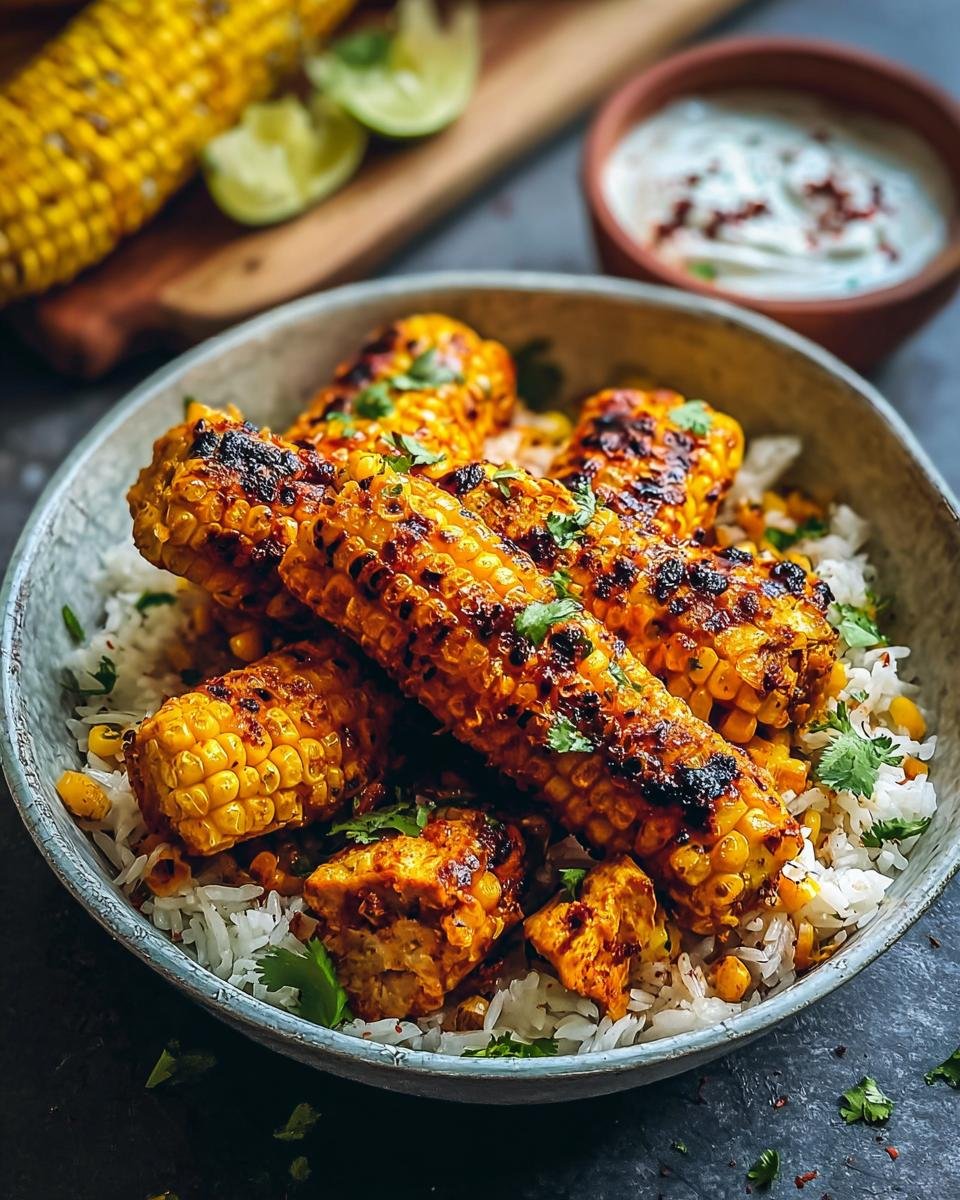 A close-up of a bowl filled with fluffy white rice topped with grilled street corn and chicken pieces, garnished with cilantro.