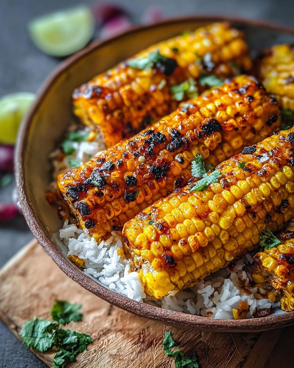 A close-up of a bowl of Street Corn Chicken Rice, featuring grilled corn on the cob pieces over white rice, garnished with cilantro.